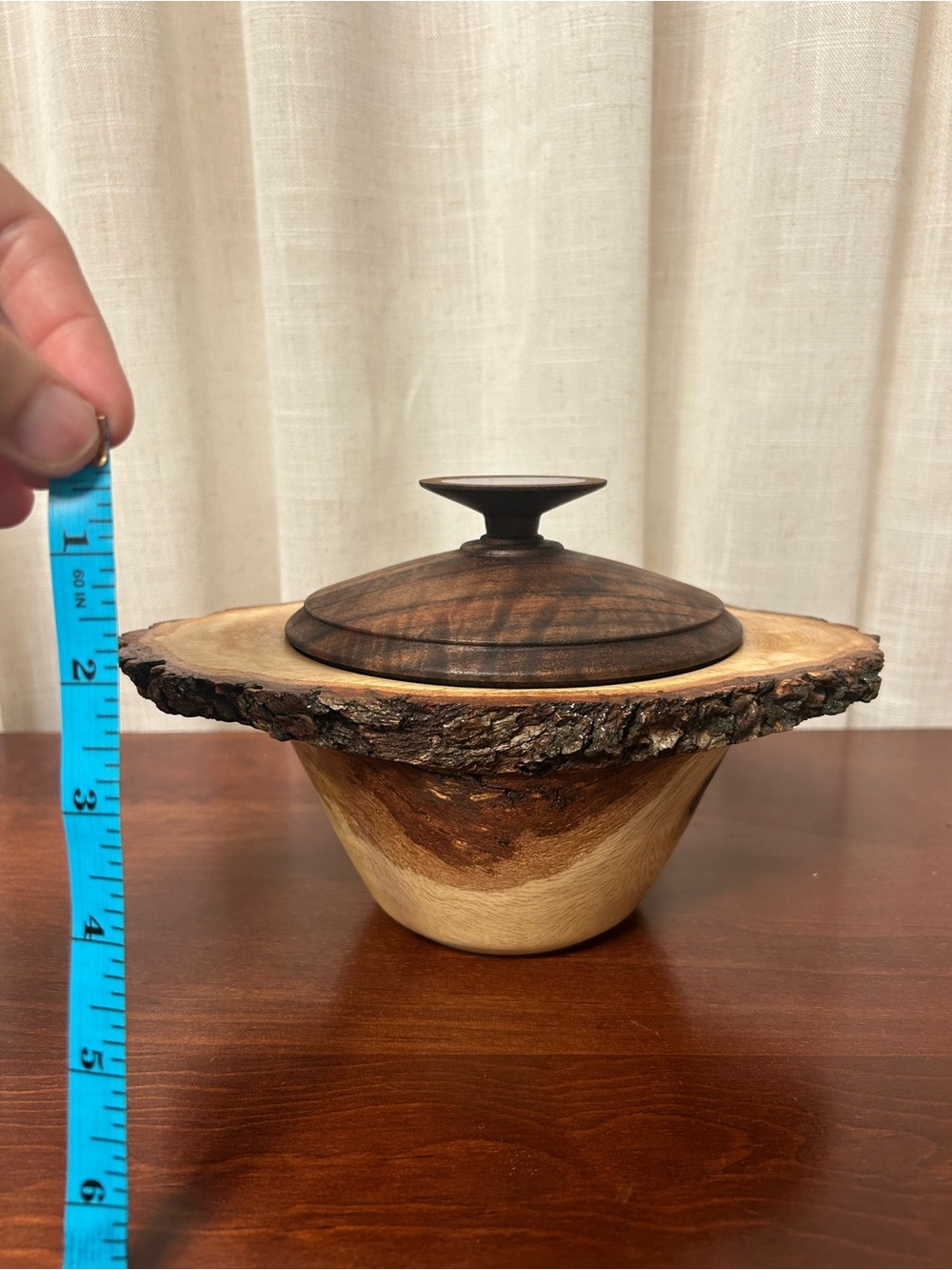 Handcrafted Oak Burl Bowl with Walnut Lid Live Edge Artisan Woodworking Decor - Picture 10 of 10